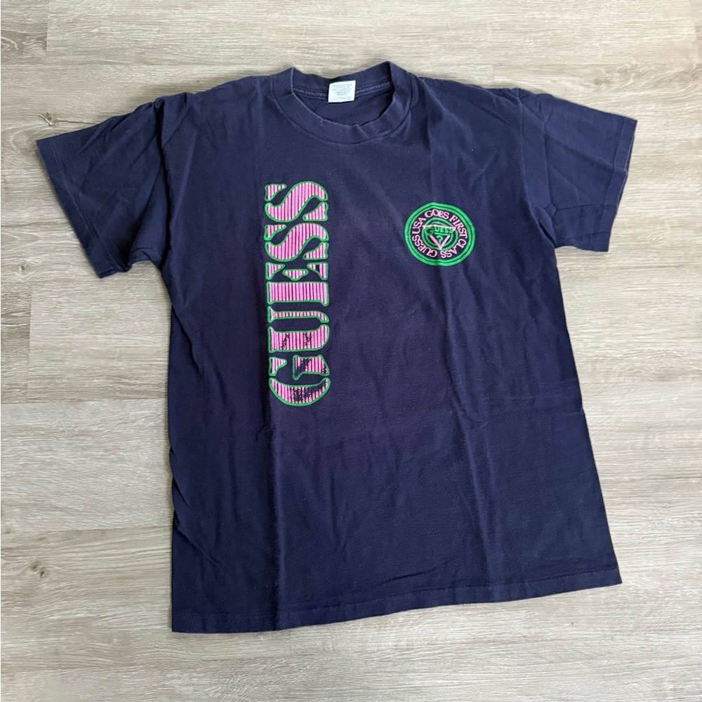 Vintage 90s Guess T-Shirt Navy with Neon Graphic